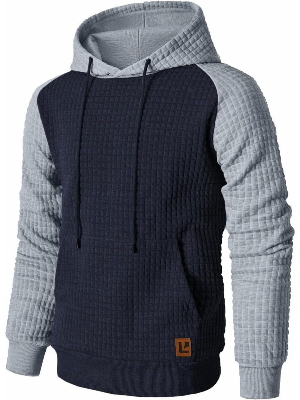 Men's Navy Grey Pullover Casual Long Sleeve Patchwork Plaid Jacquard Hoodies